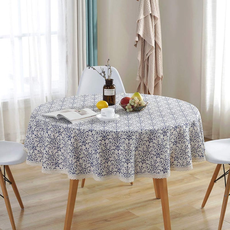 AMZALI Vintage Washable Cotton Linen Fabric Navy Damask Pattern Decorative Macrame Lace Round Tablecloth Dinner Picnic Table Cloth Home Decorative Table Top Cover (60 inch Diameter) - Image 2